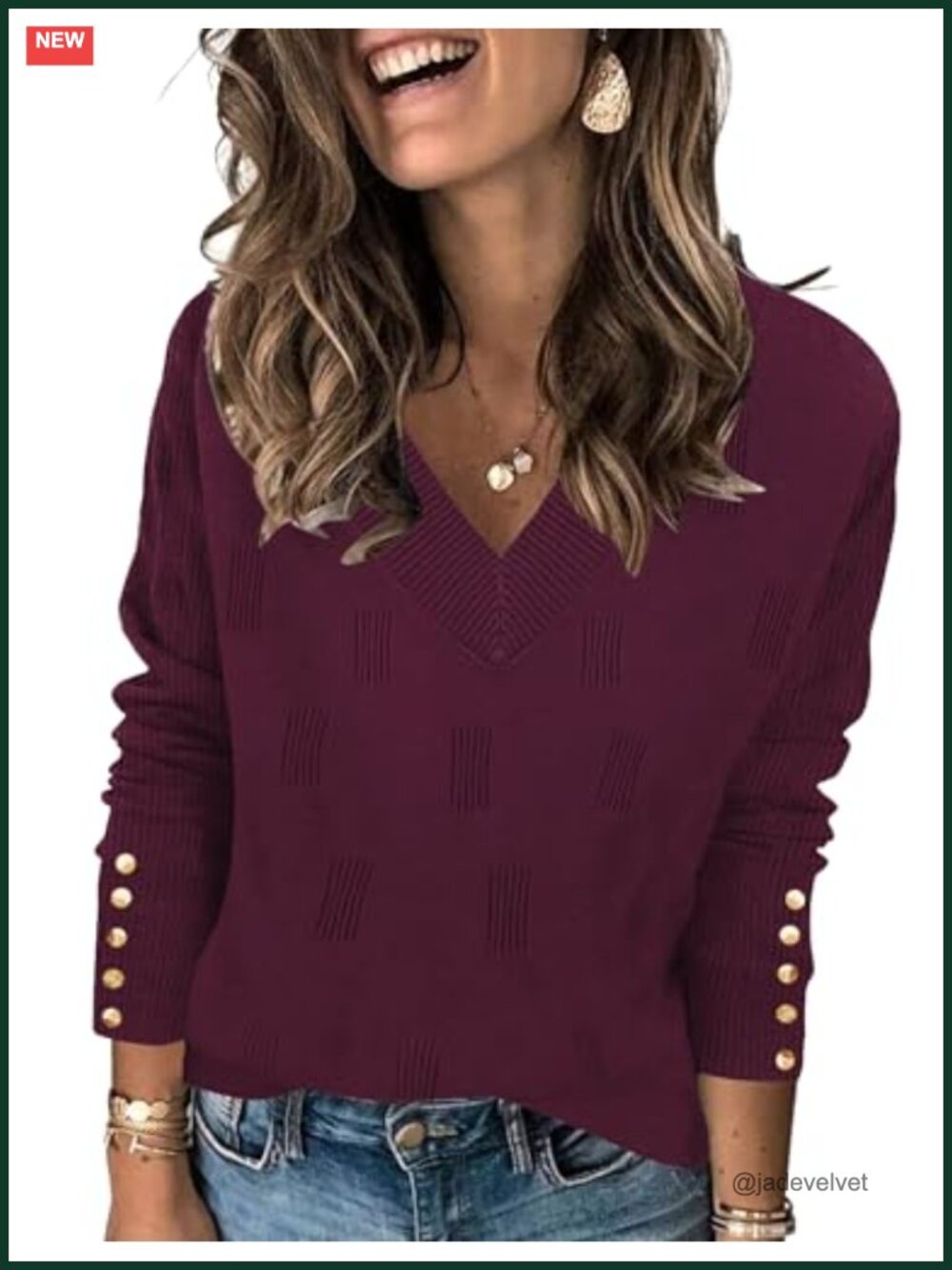 Womens V Neck Sweater Long Sleeve Lightweight Knit Pullover with Buttons